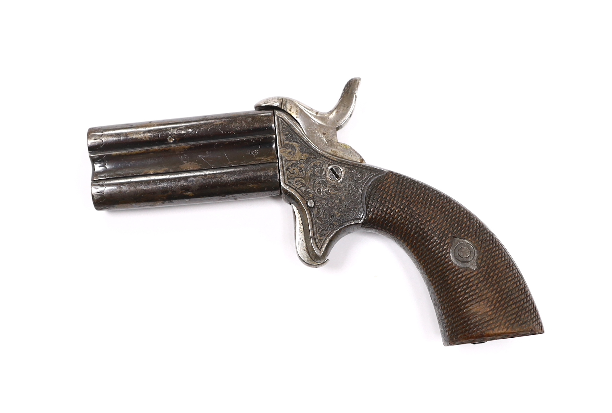 A Belgium mid 19th century double barrelled over-under pinfire muff pistol, stamped with Liege ELG proof mark, barrels 5.5cm
